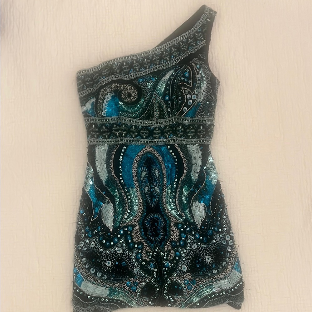 Rachel Allan One Shoulder Dress in Blue and Black